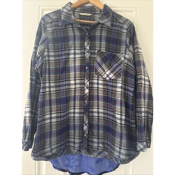 Soft Surroundings Women Blue Gray Plaid Burn Out Velvet Flannel Western Shirt M - Picture 2 of 7